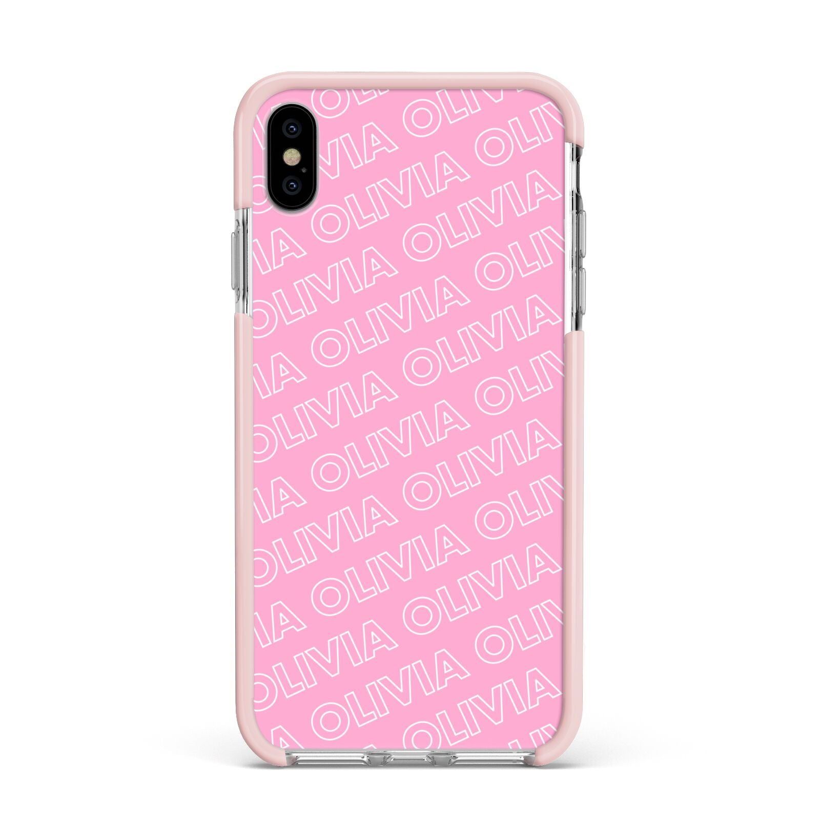 Personalised Pink Diagonal Name Apple iPhone Xs Max Impact Case Pink Edge on Silver Phone