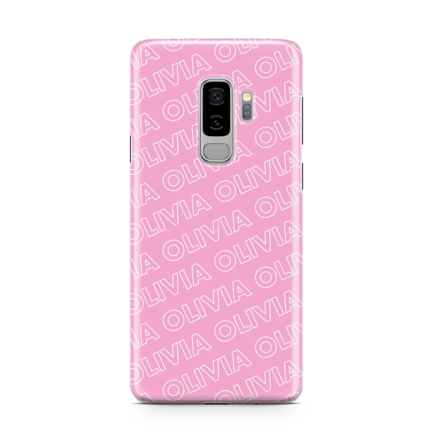 Personalised Pink Diagonal Name Samsung Galaxy S9 Plus Case on Silver phone