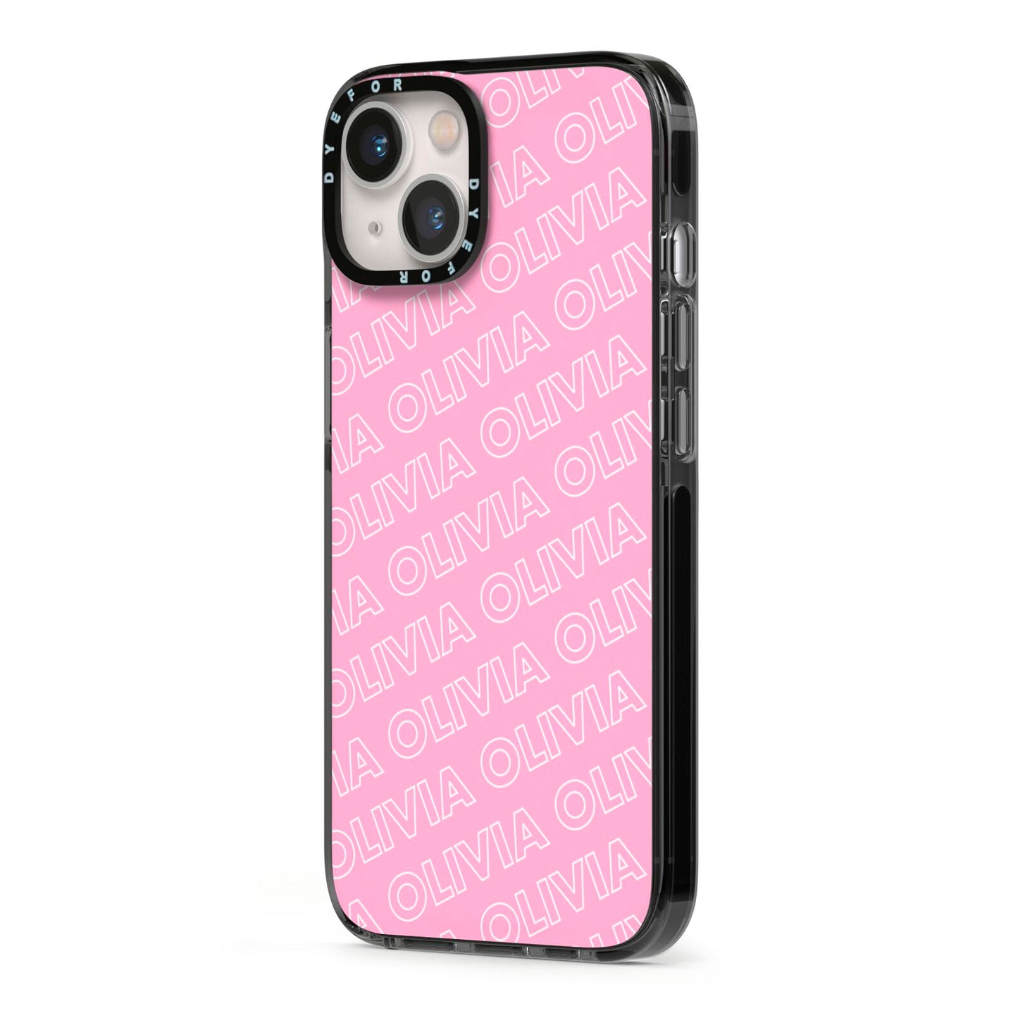 Personalised Pink Diagonal Name iPhone 13 Black Impact Case Side Angle on Silver phone