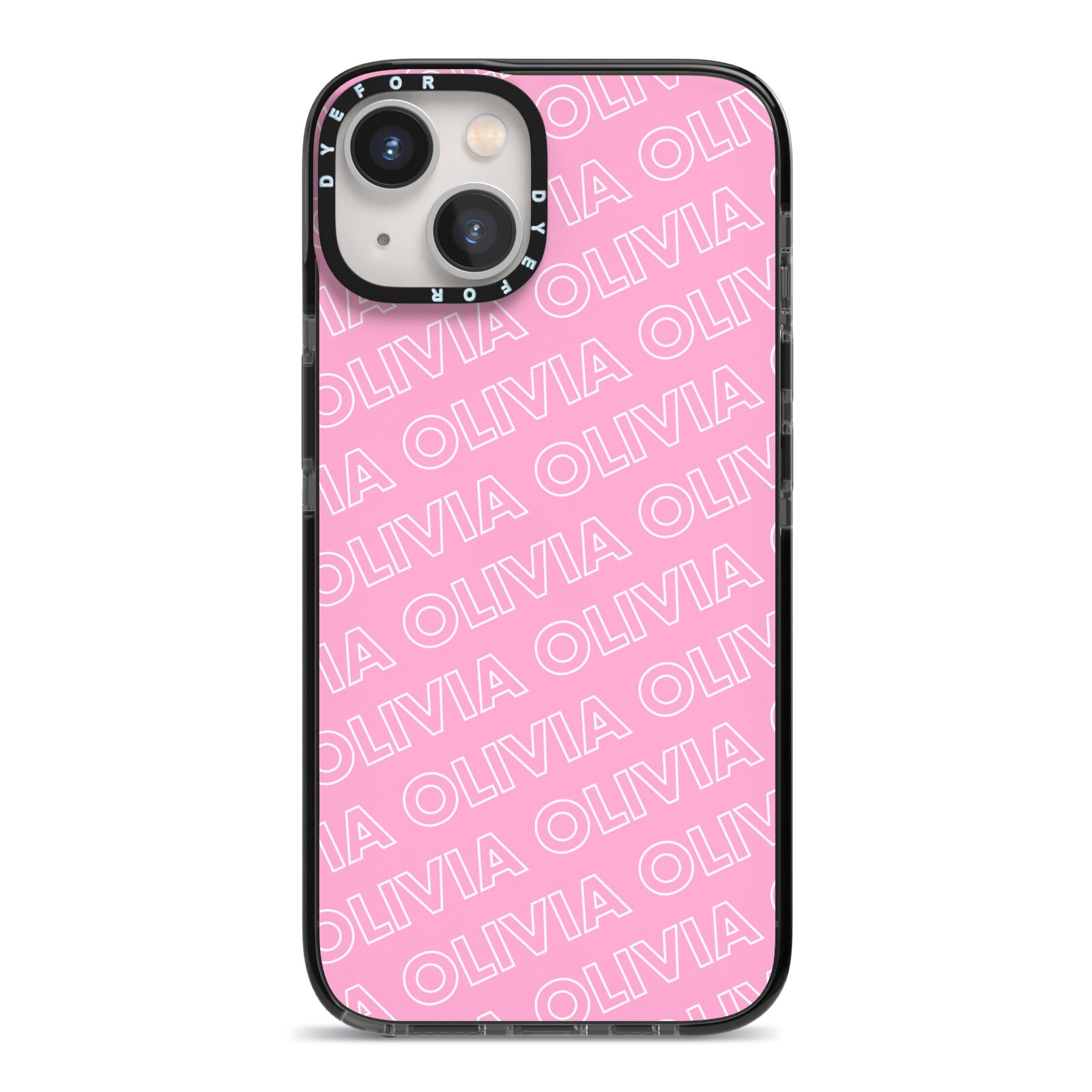 Personalised Pink Diagonal Name iPhone 13 Black Impact Case on Silver phone