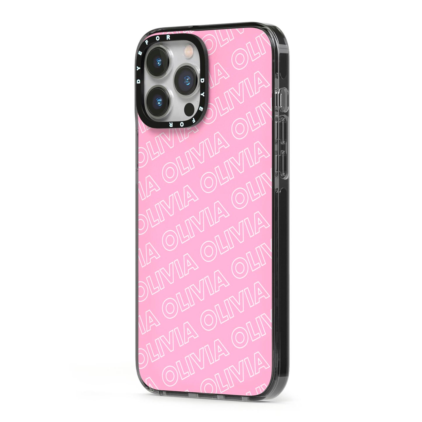 Personalised Pink Diagonal Name iPhone 13 Pro Max Black Impact Case Side Angle on Silver phone