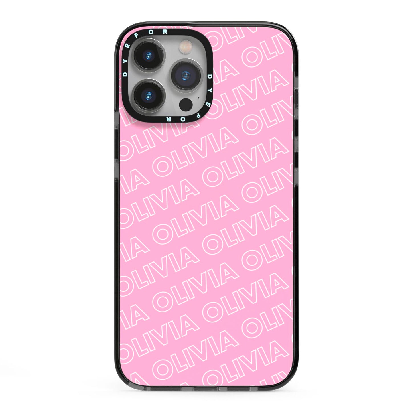 Personalised Pink Diagonal Name iPhone 13 Pro Max Black Impact Case on Silver phone