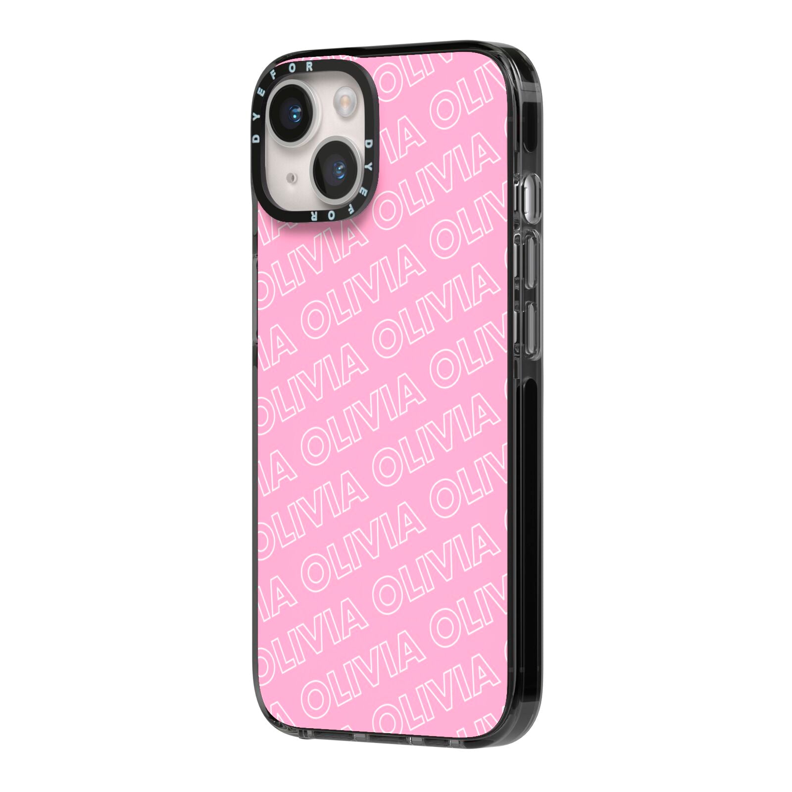 Personalised Pink Diagonal Name iPhone 14 Black Impact Case Side Angle on Silver phone