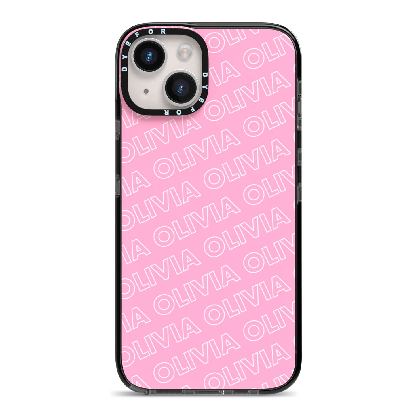 Personalised Pink Diagonal Name iPhone 14 Black Impact Case on Silver phone