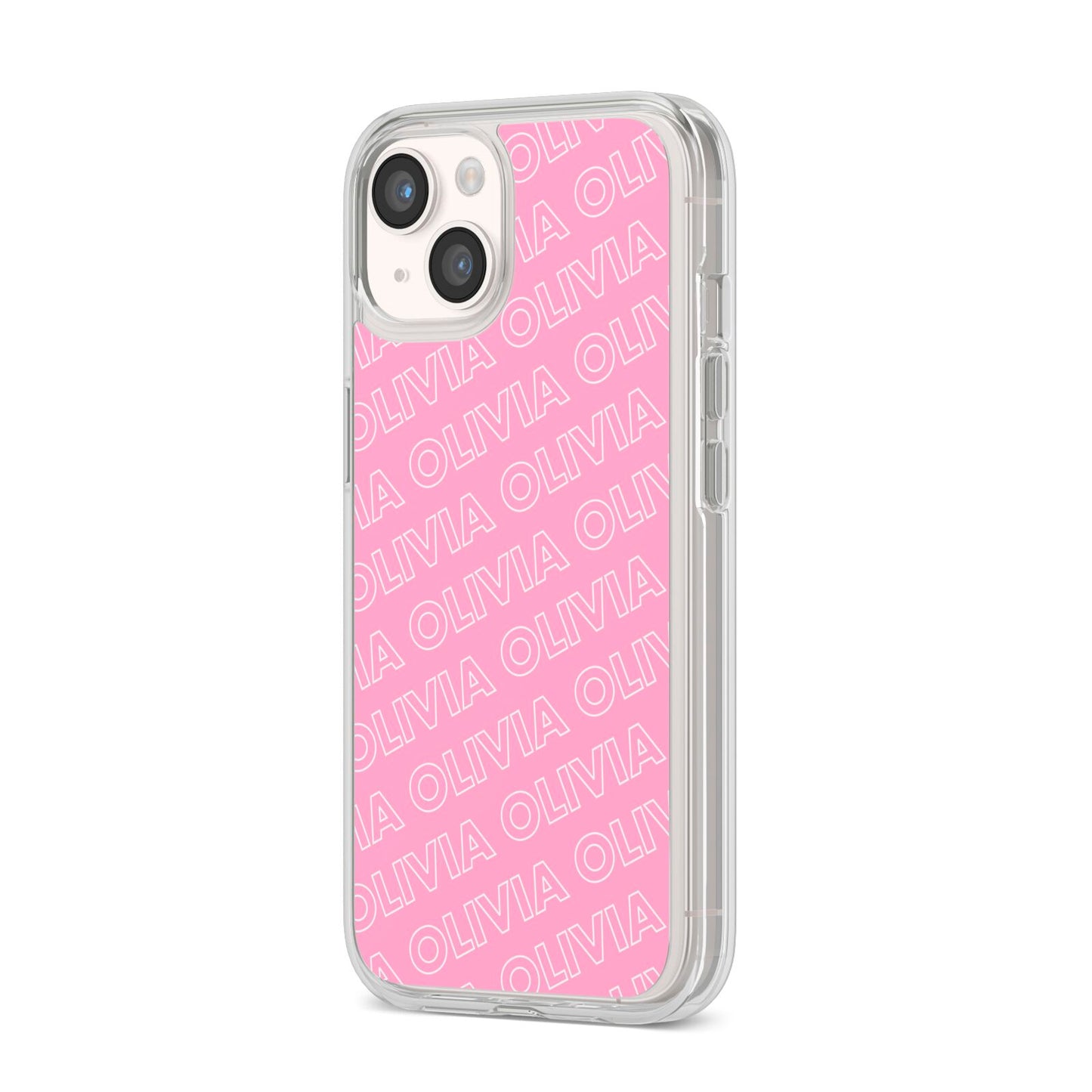 Personalised Pink Diagonal Name iPhone 14 Clear Tough Case Starlight Angled Image