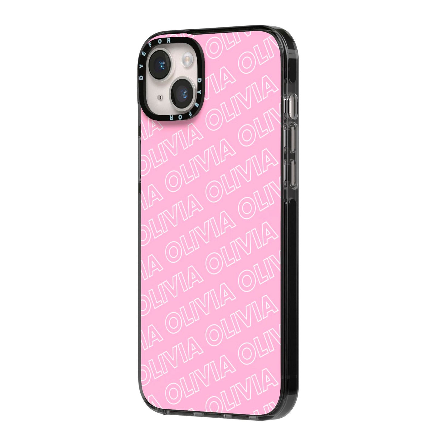 Personalised Pink Diagonal Name iPhone 14 Plus Black Impact Case Side Angle on Silver phone