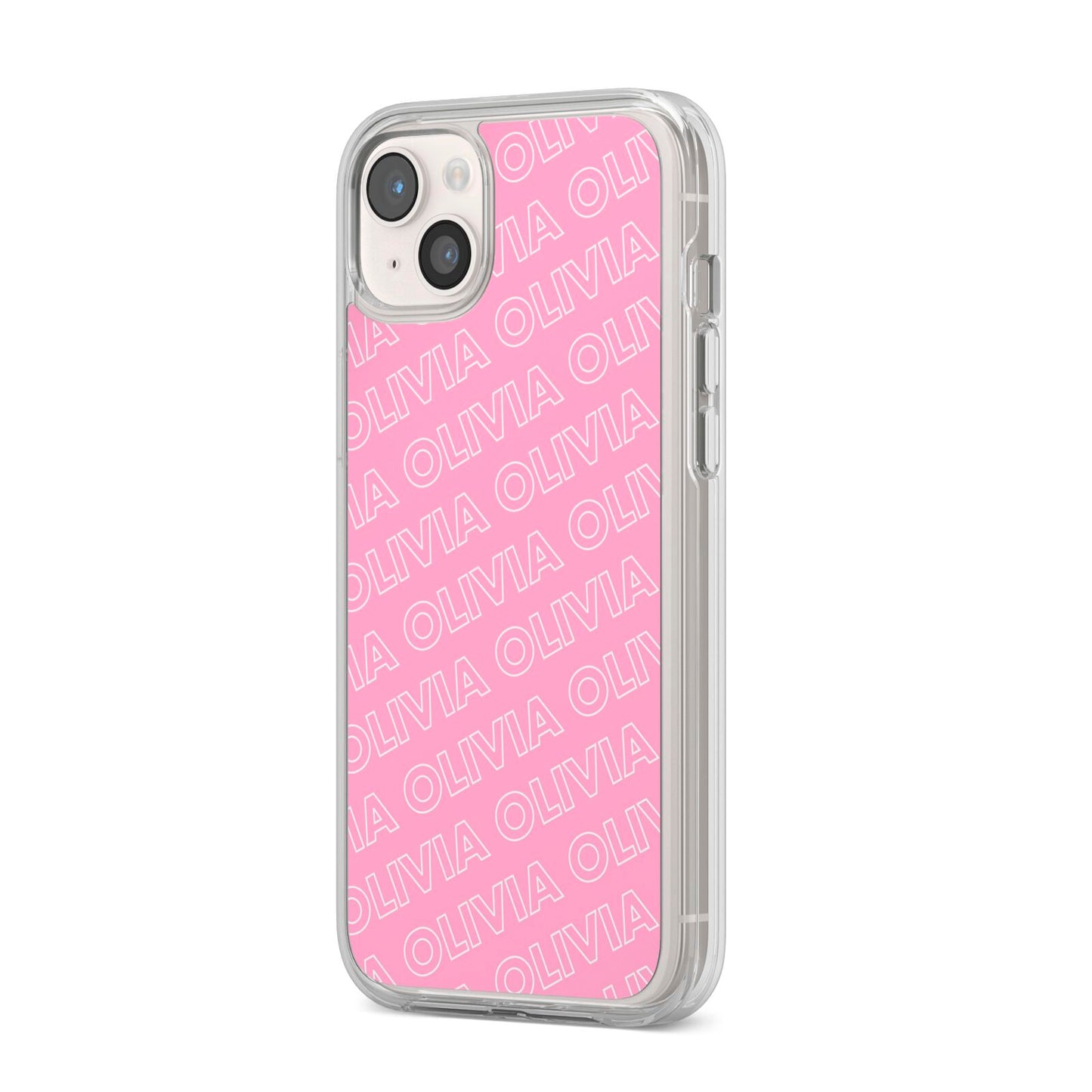 Personalised Pink Diagonal Name iPhone 14 Plus Clear Tough Case Starlight Angled Image