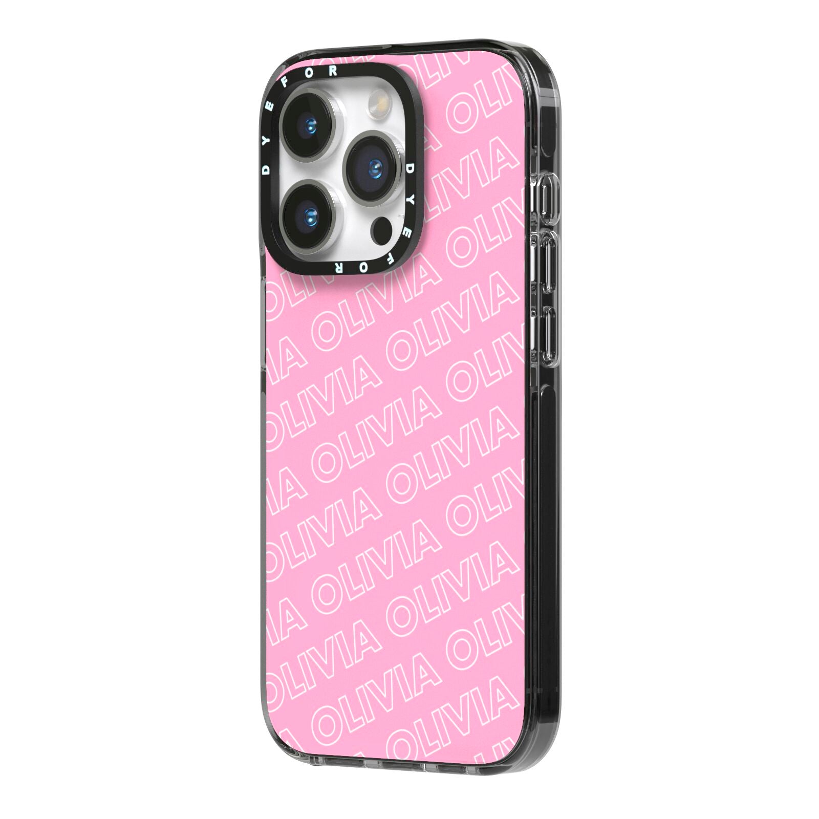 Personalised Pink Diagonal Name iPhone 14 Pro Black Impact Case Side Angle on Silver phone