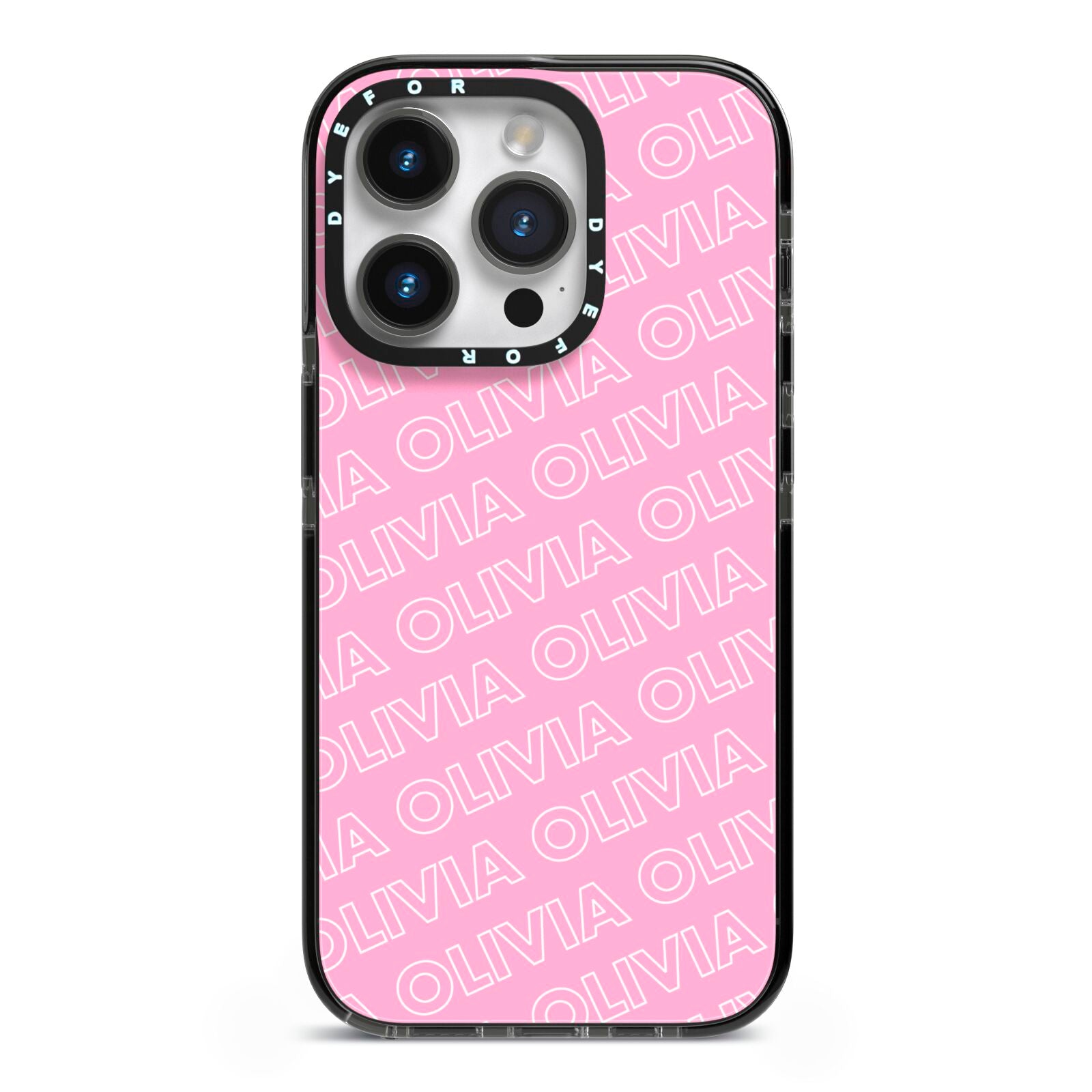 Personalised Pink Diagonal Name iPhone 14 Pro Black Impact Case on Silver phone