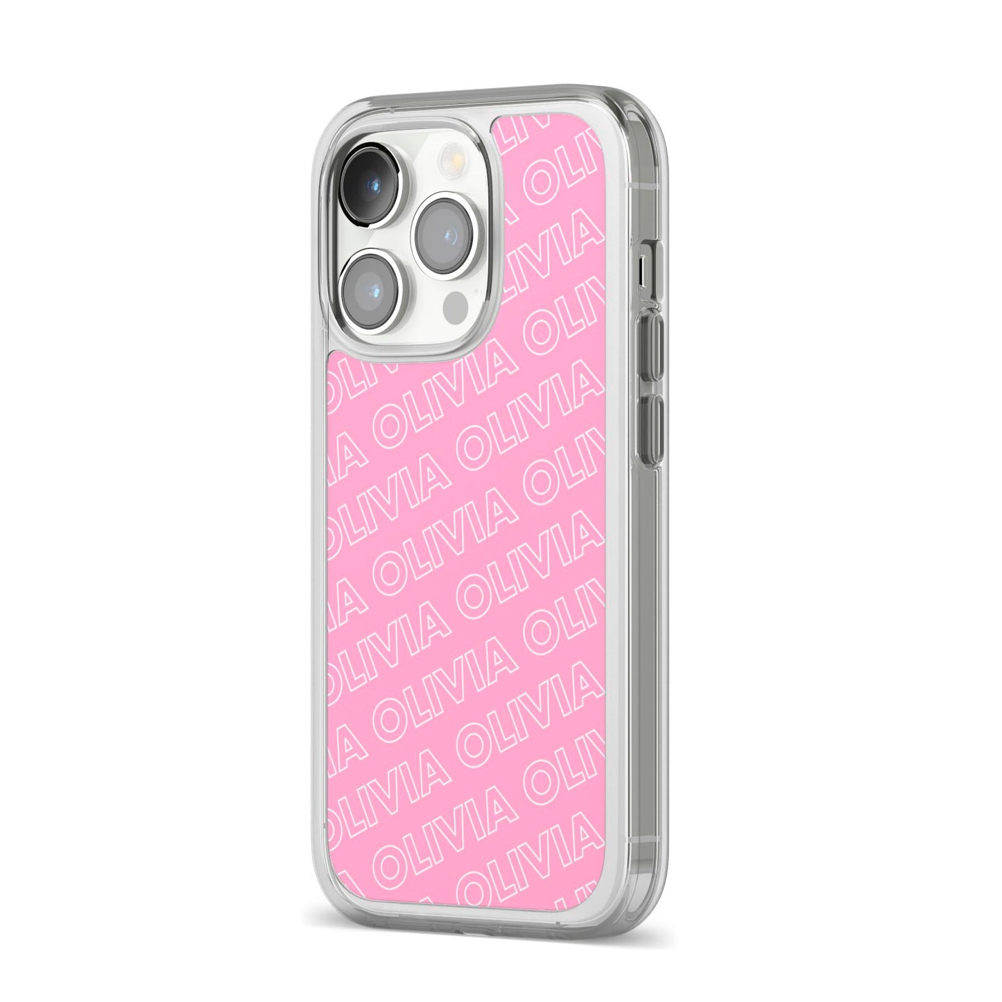 Personalised Pink Diagonal Name iPhone 14 Pro Clear Tough Case Silver Angled Image