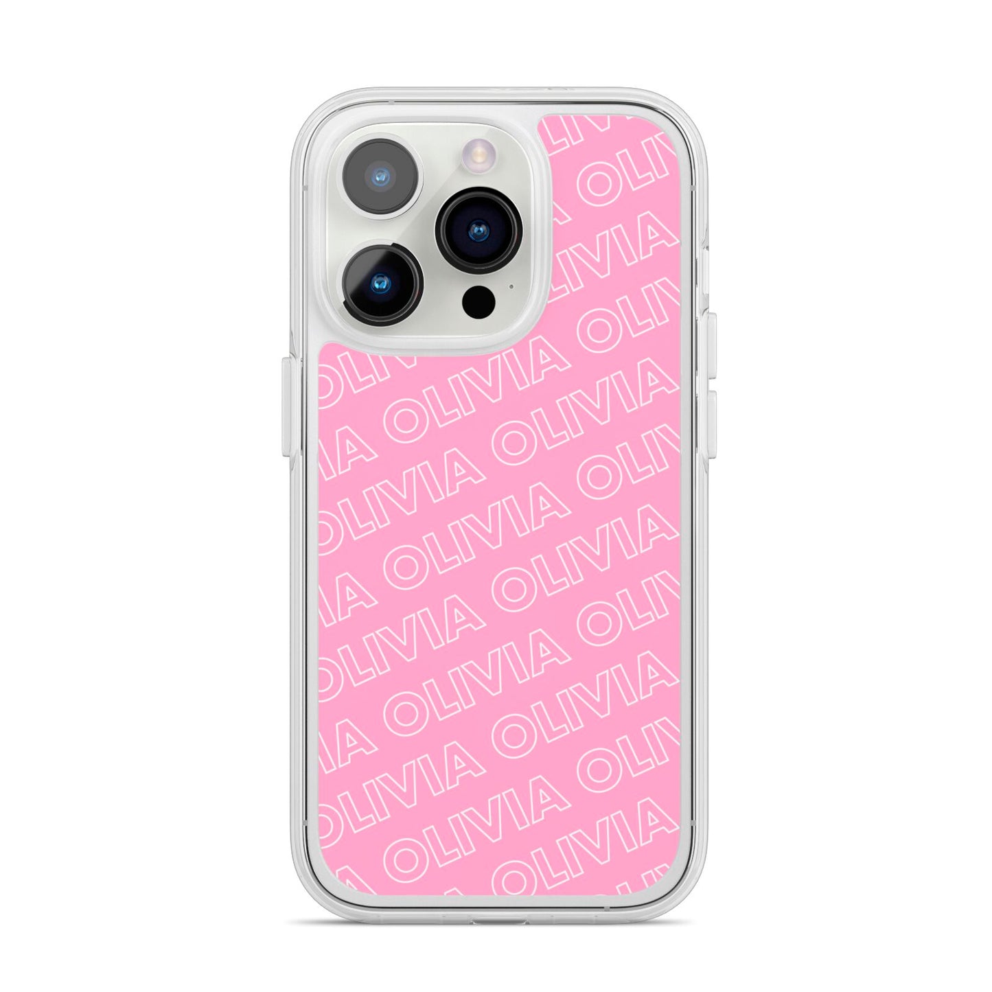 Personalised Pink Diagonal Name iPhone 14 Pro Clear Tough Case Silver