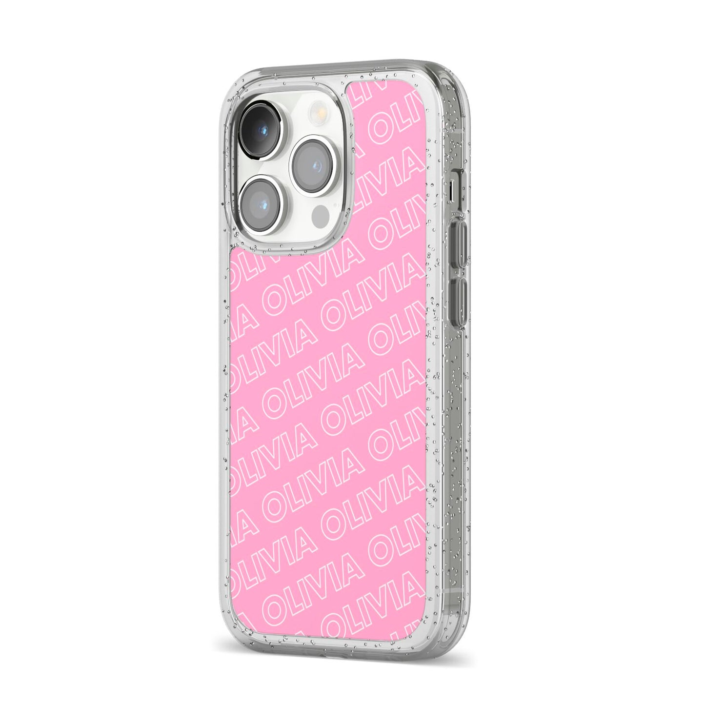 Personalised Pink Diagonal Name iPhone 14 Pro Glitter Tough Case Silver Angled Image