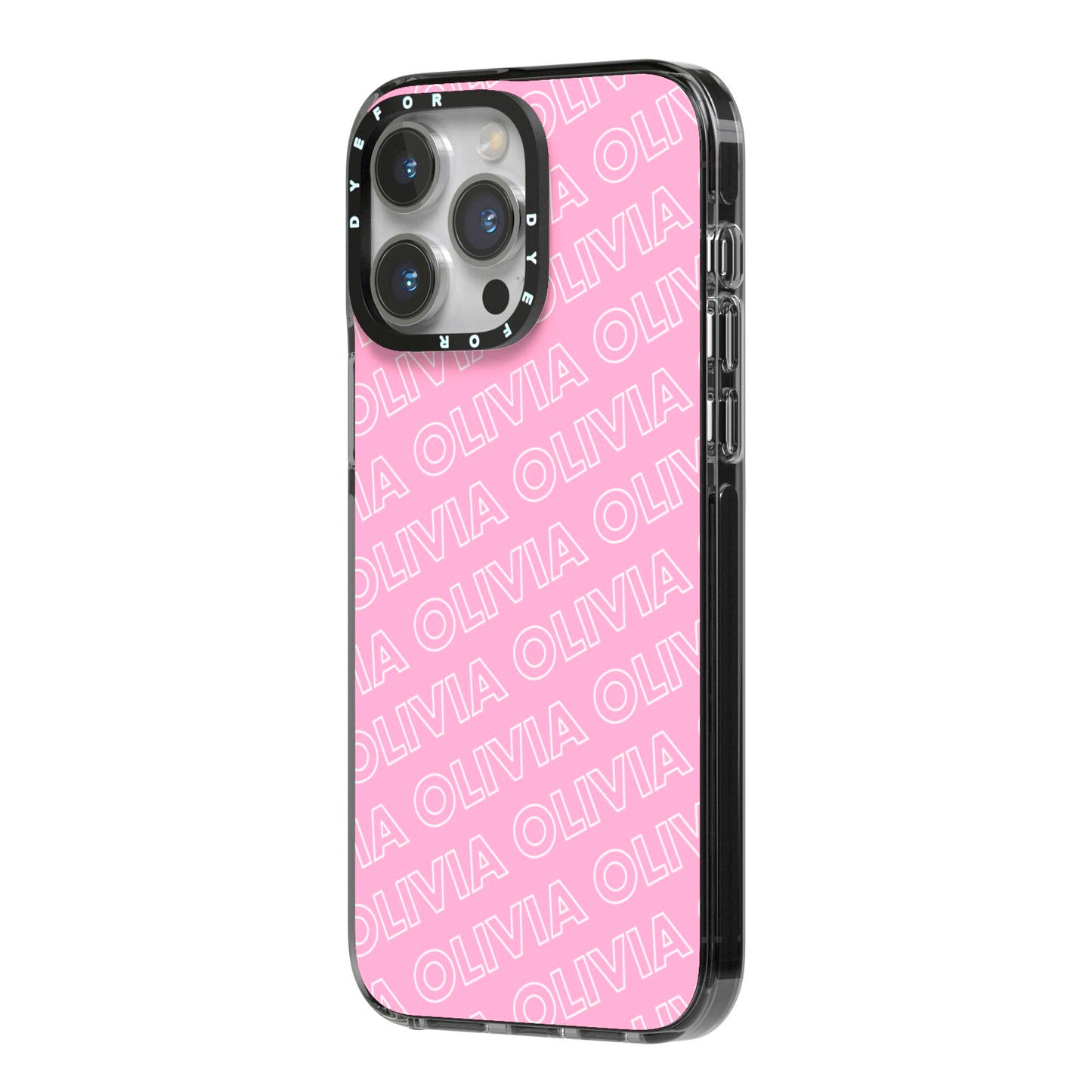 Personalised Pink Diagonal Name iPhone 14 Pro Max Black Impact Case Side Angle on Silver phone