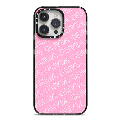 Personalised Pink Diagonal Name iPhone 14 Pro Max Black Impact Case on Silver phone