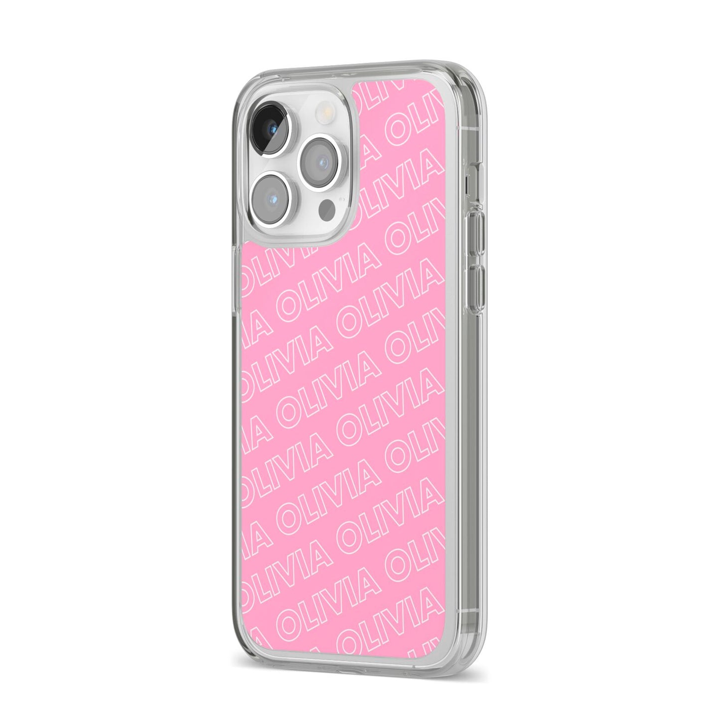 Personalised Pink Diagonal Name iPhone 14 Pro Max Clear Tough Case Silver Angled Image