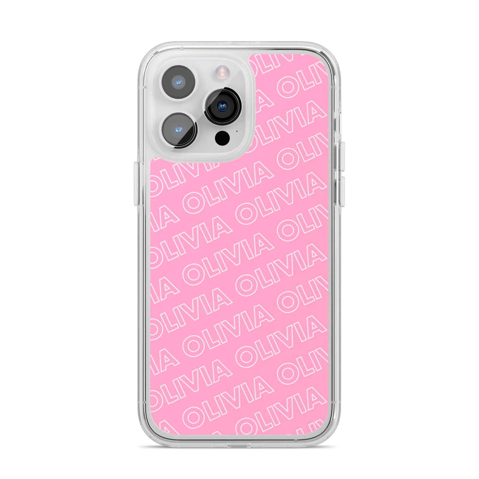 Personalised Pink Diagonal Name iPhone 14 Pro Max Clear Tough Case Silver