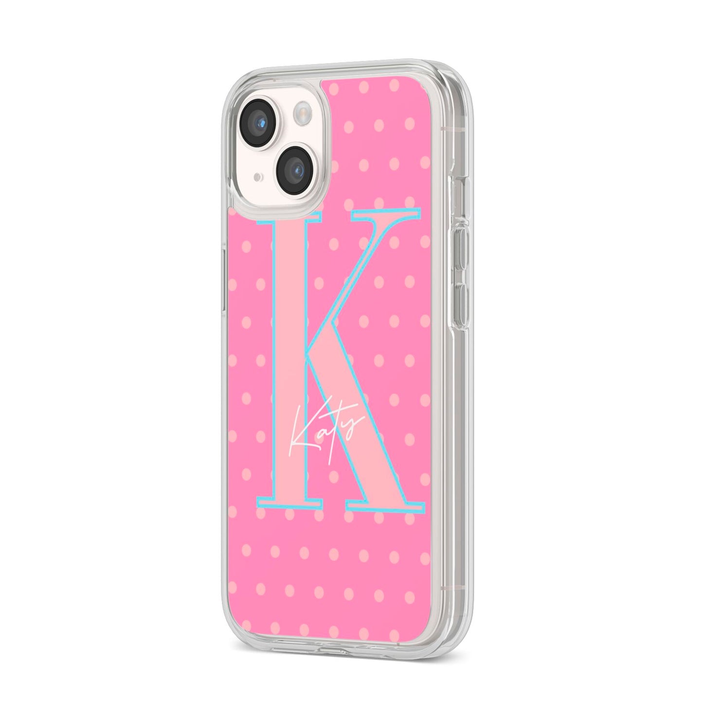 Personalised Pink Dots iPhone 14 Clear Tough Case Starlight Angled Image