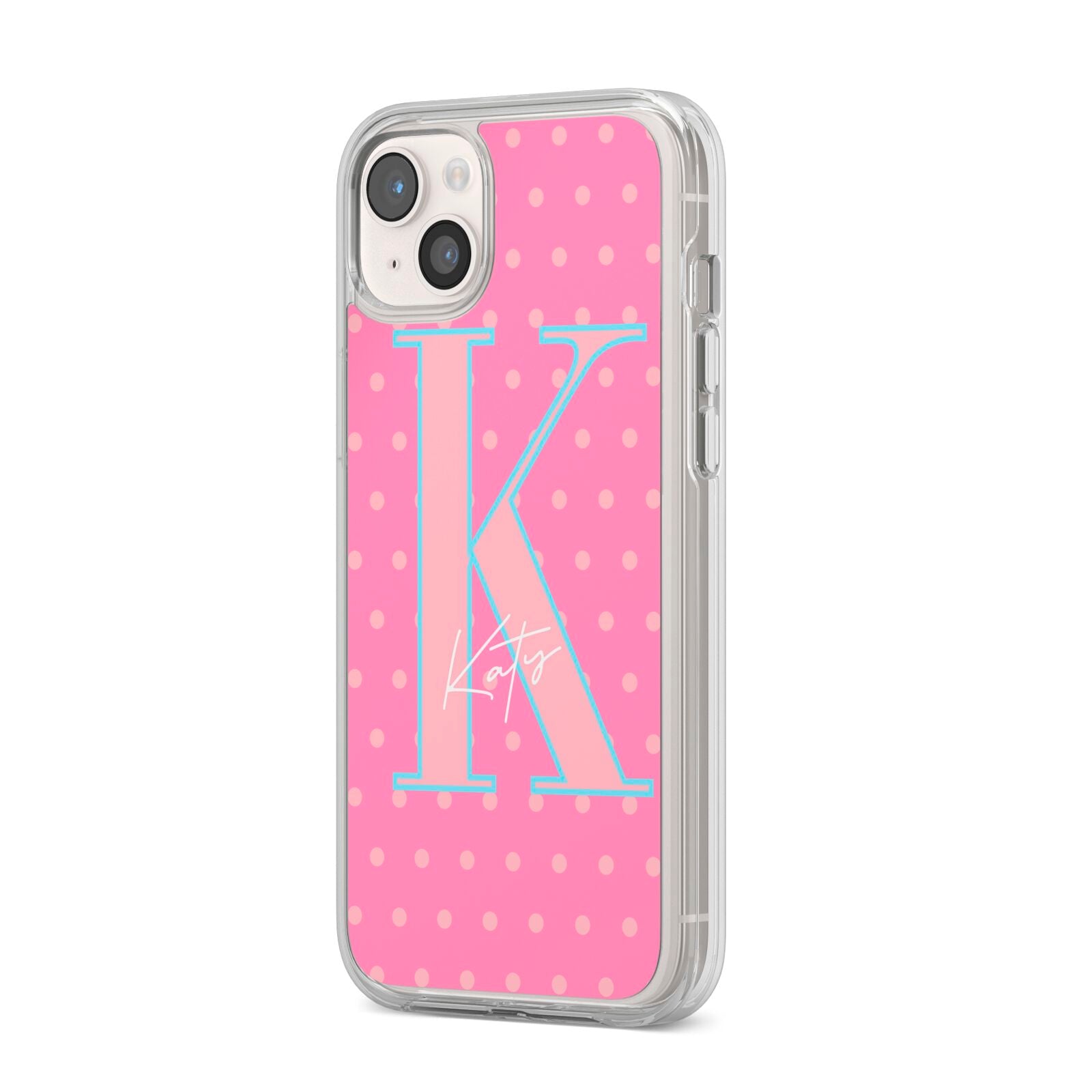 Personalised Pink Dots iPhone 14 Plus Clear Tough Case Starlight Angled Image