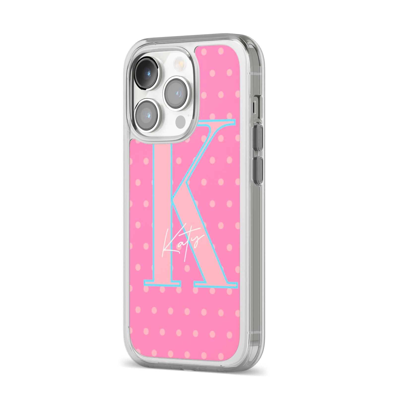 Personalised Pink Dots iPhone 14 Pro Clear Tough Case Silver Angled Image