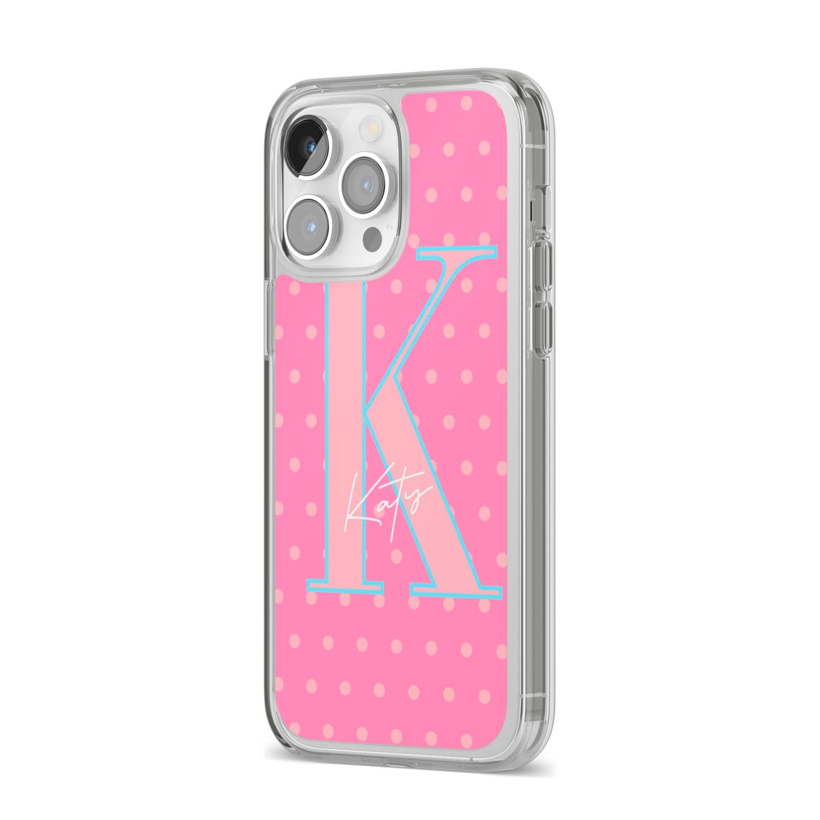 Personalised Pink Dots iPhone 14 Pro Max Clear Tough Case Silver Angled Image