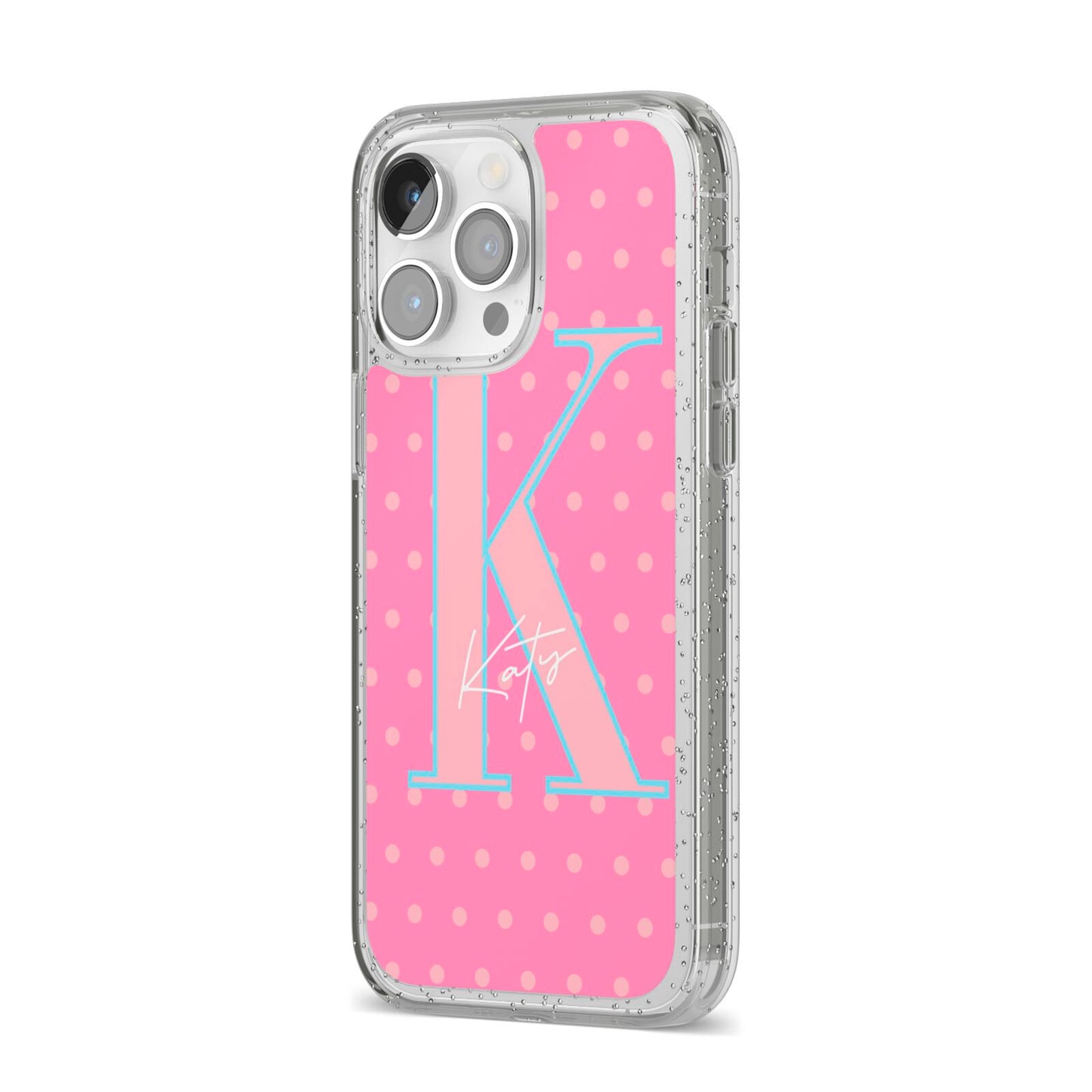 Personalised Pink Dots iPhone 14 Pro Max Glitter Tough Case Silver Angled Image