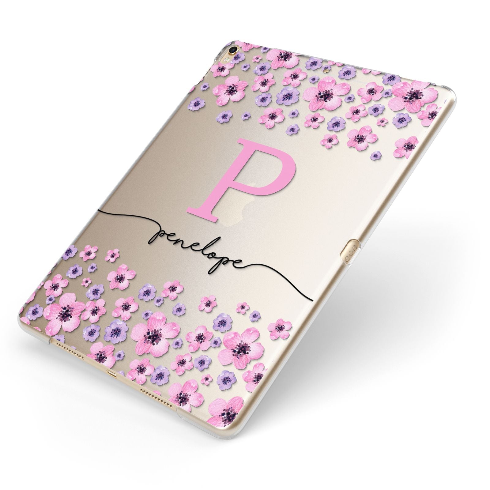 Personalised Pink Floral Apple iPad Case on Gold iPad Side View