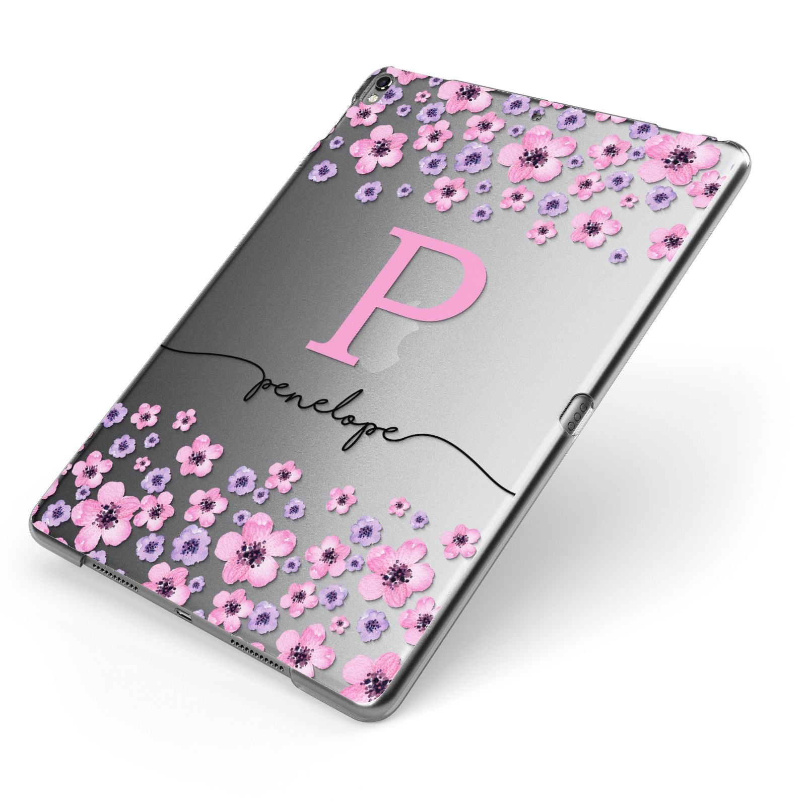 Personalised Pink Floral Apple iPad Case on Grey iPad Side View