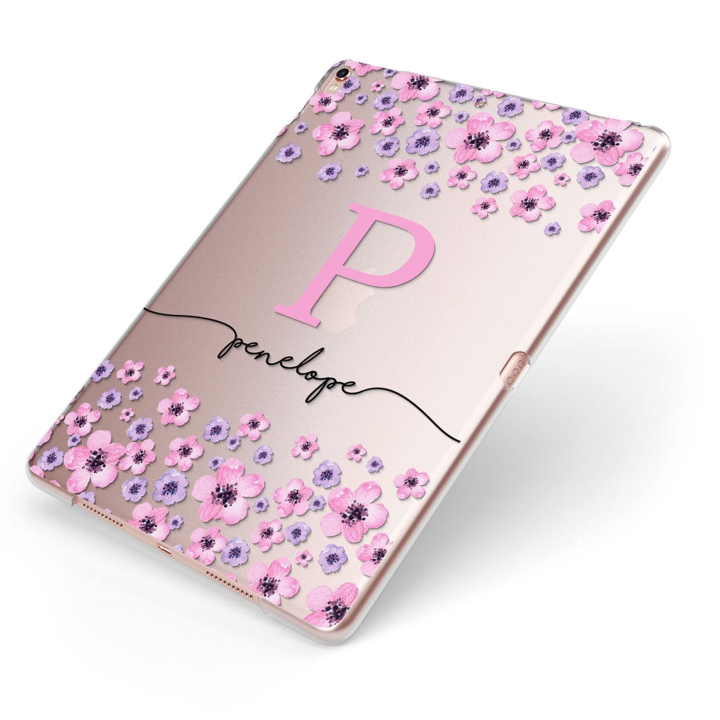 Personalised Pink Floral Apple iPad Case on Rose Gold iPad Side View