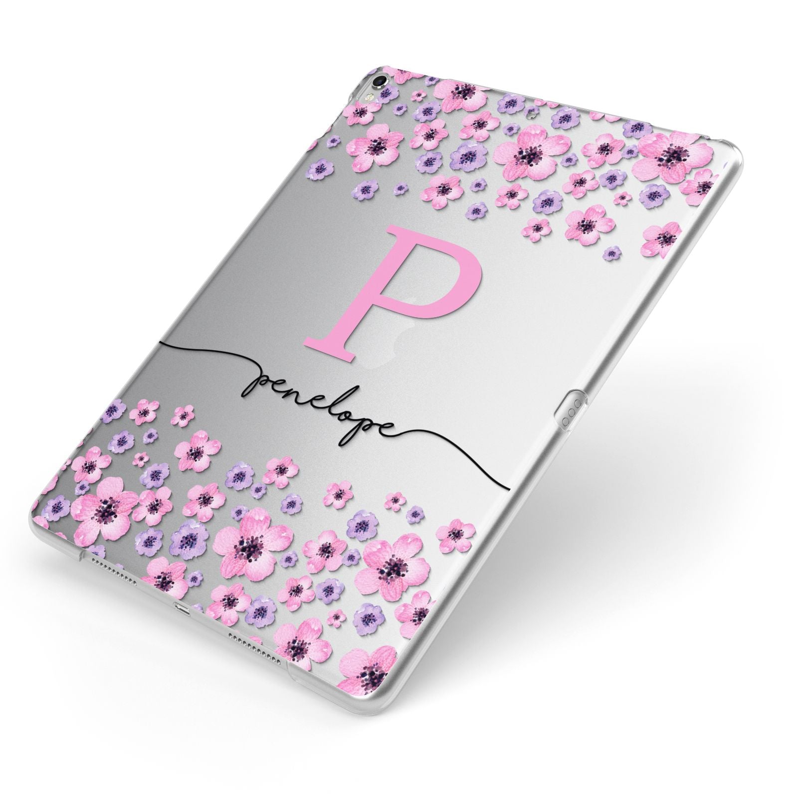 Personalised Pink Floral Apple iPad Case on Silver iPad Side View