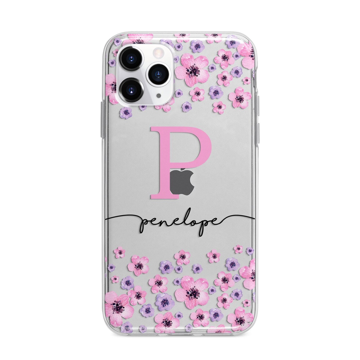 Personalised Pink Floral Apple iPhone 11 Pro Max in Silver with Bumper Case