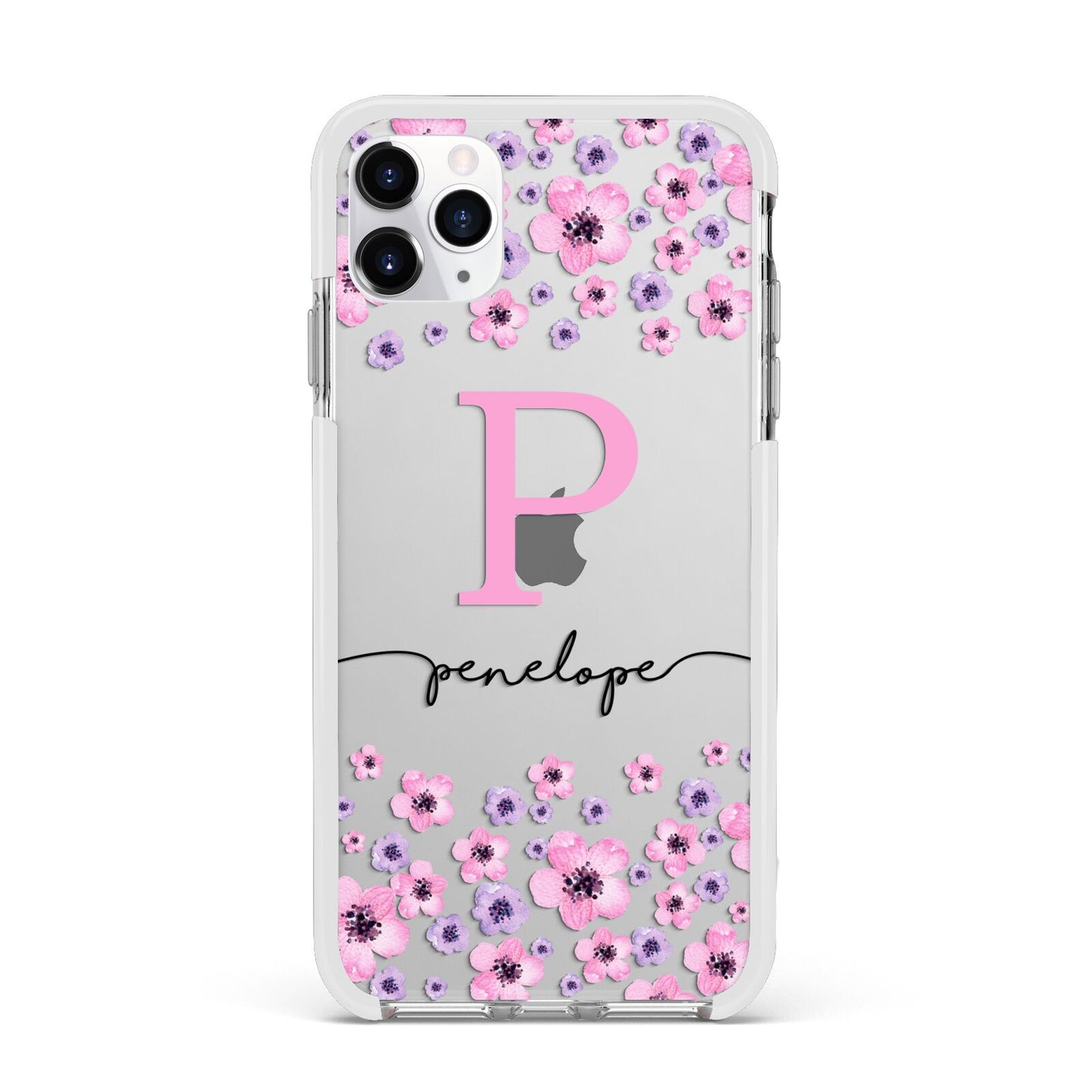 Personalised Pink Floral Apple iPhone 11 Pro Max in Silver with White Impact Case