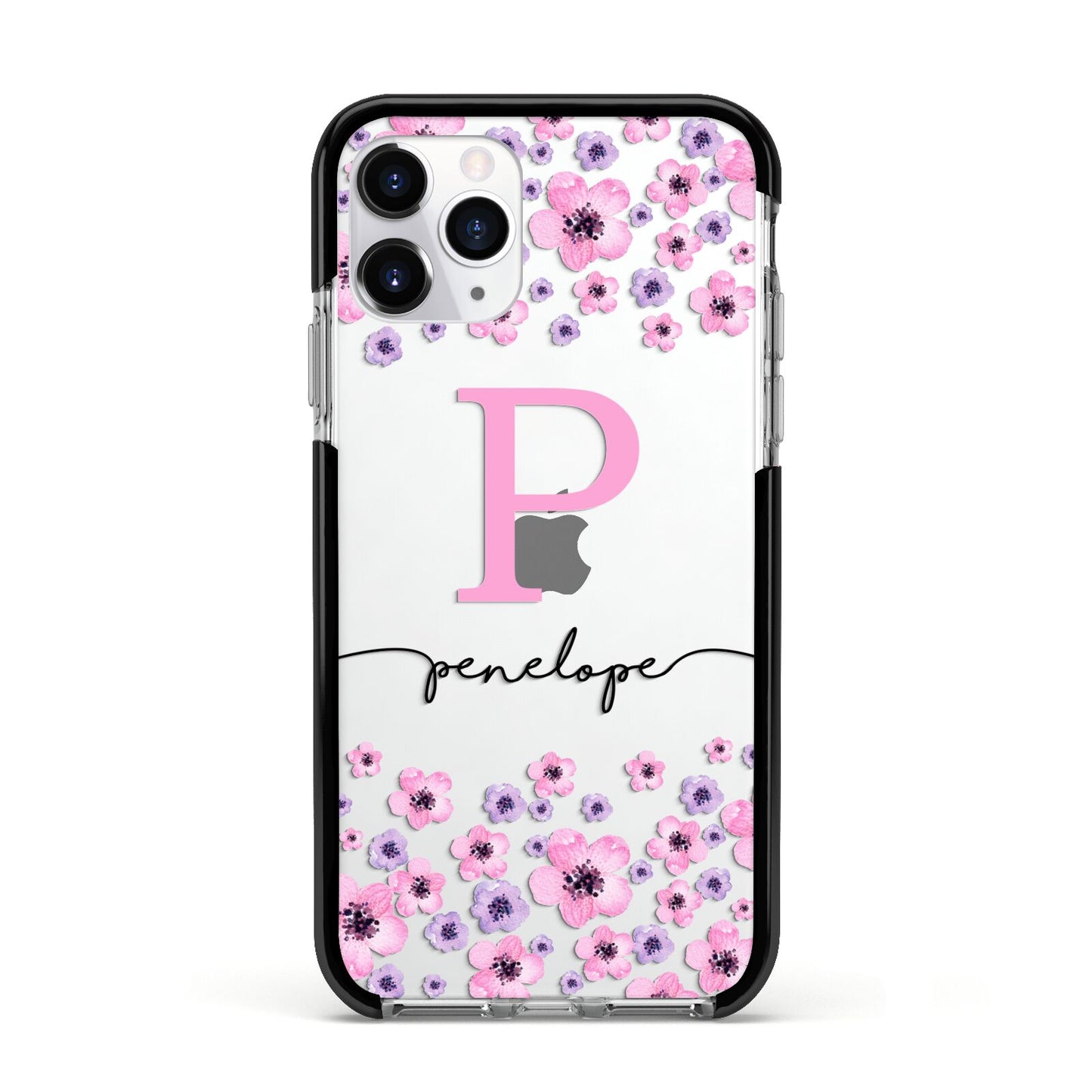 Personalised Pink Floral Apple iPhone 11 Pro in Silver with Black Impact Case