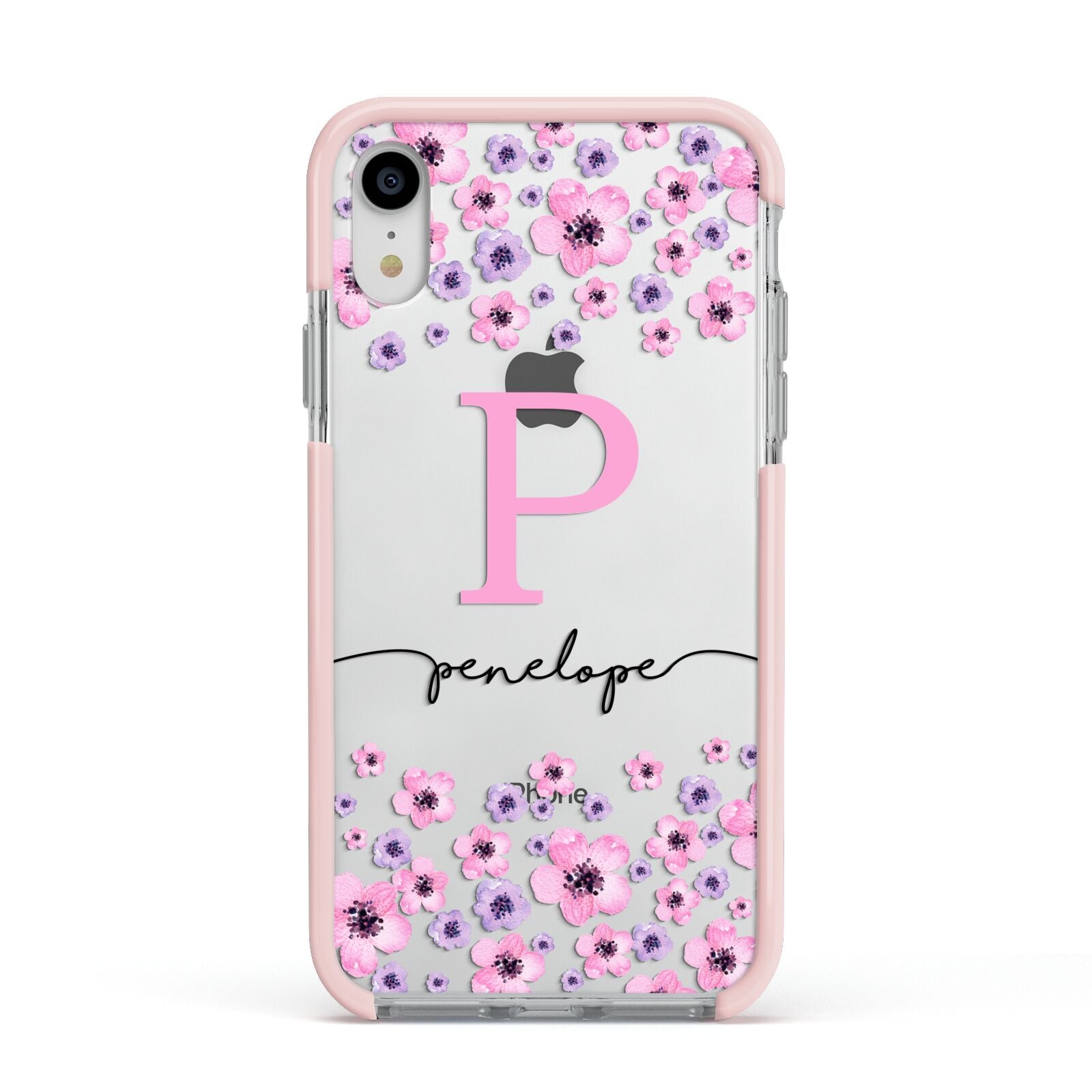 Personalised Pink Floral Apple iPhone XR Impact Case Pink Edge on Silver Phone