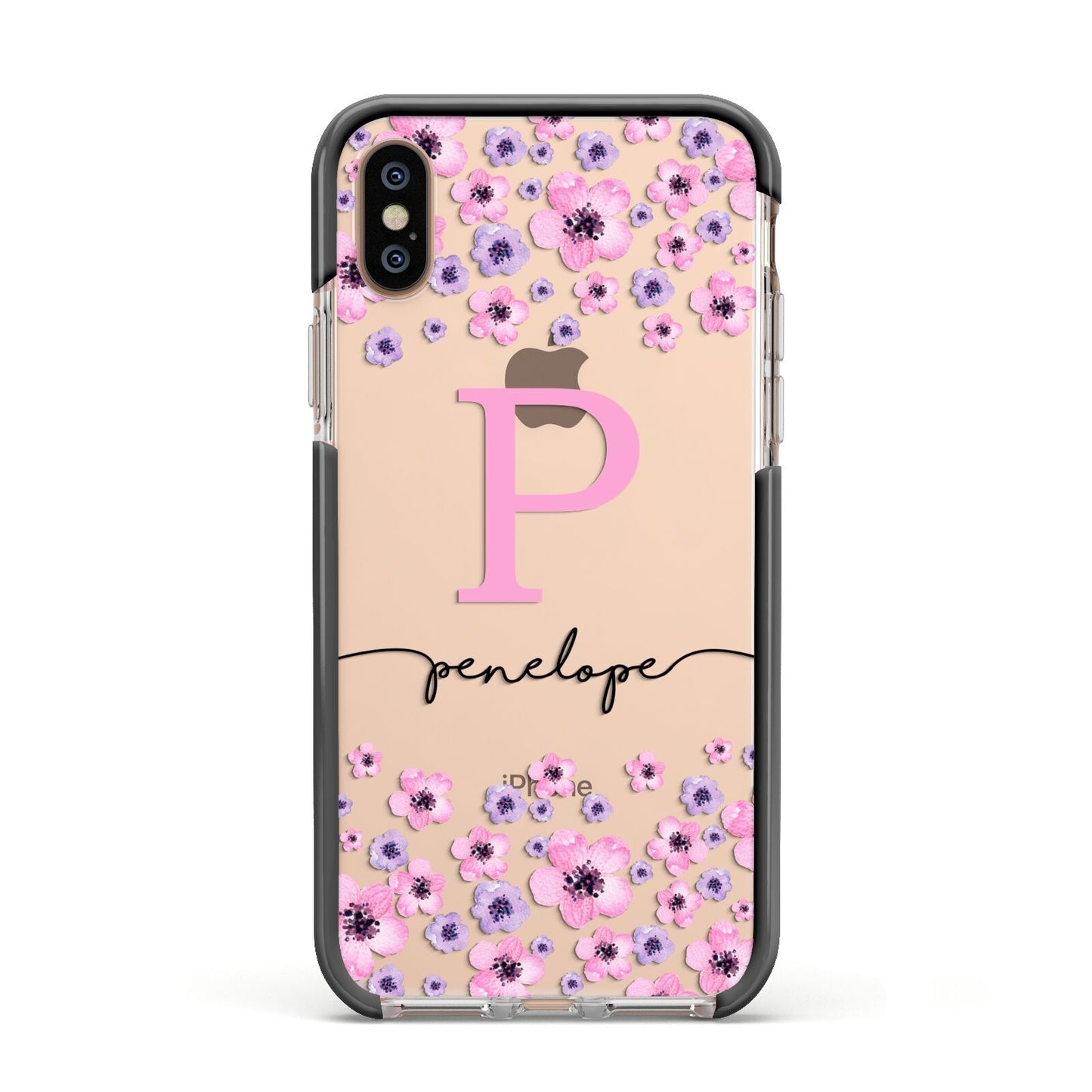 Personalised Pink Floral Apple iPhone Xs Impact Case Black Edge on Gold Phone
