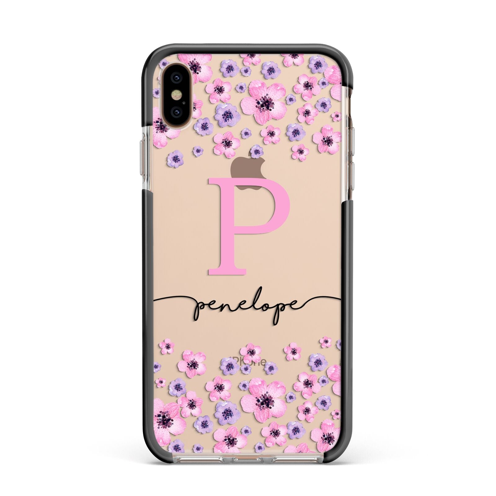 Personalised Pink Floral Apple iPhone Xs Max Impact Case Black Edge on Gold Phone