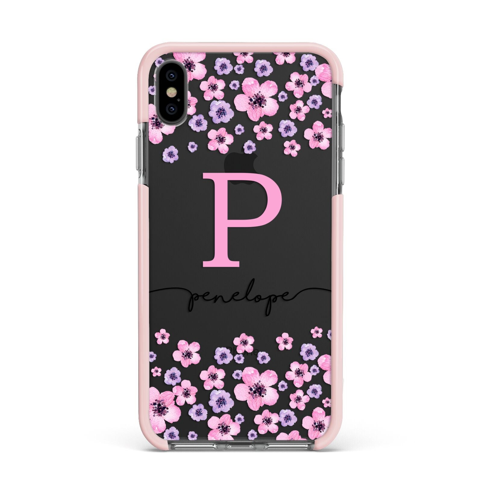 Personalised Pink Floral Apple iPhone Xs Max Impact Case Pink Edge on Black Phone