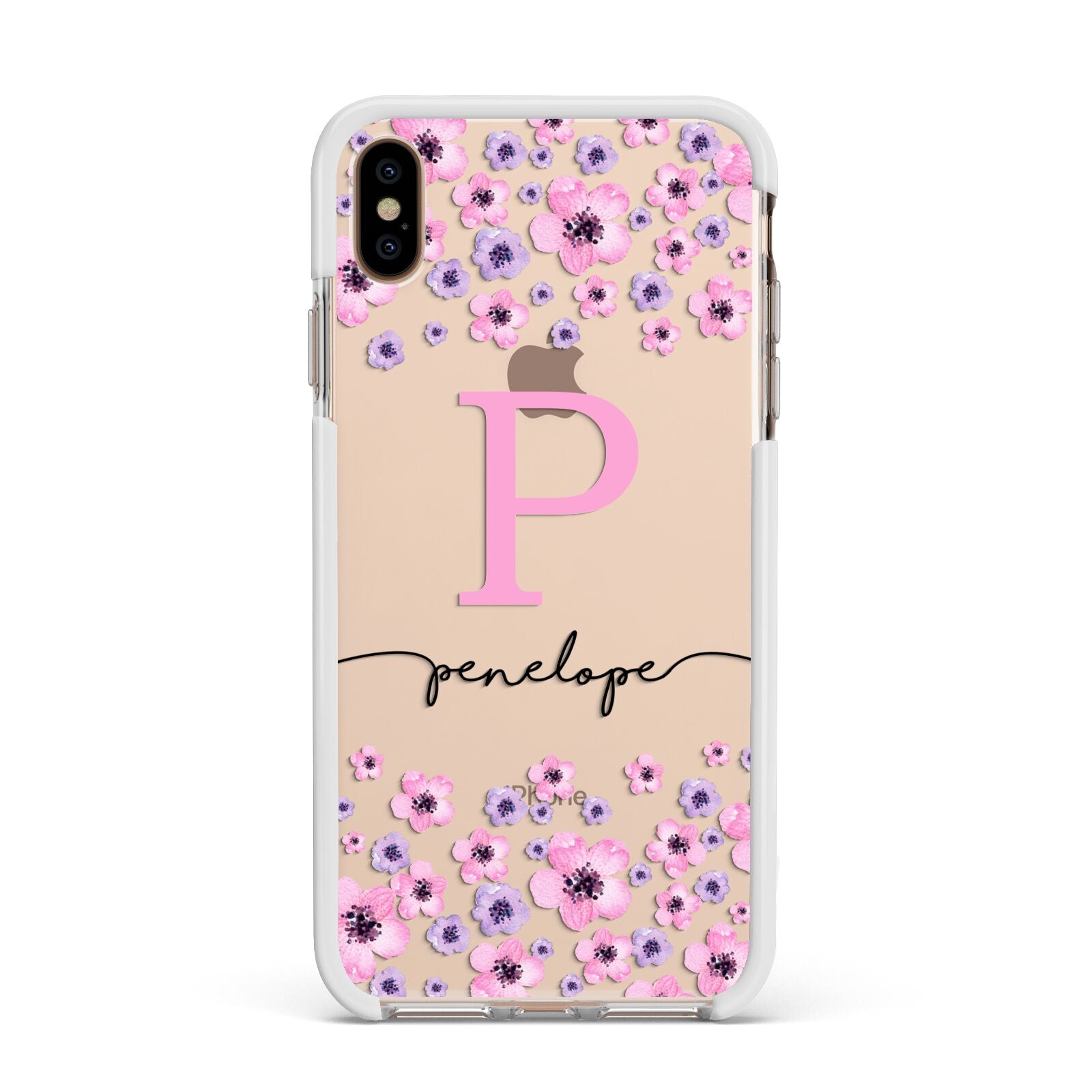 Personalised Pink Floral Apple iPhone Xs Max Impact Case White Edge on Gold Phone