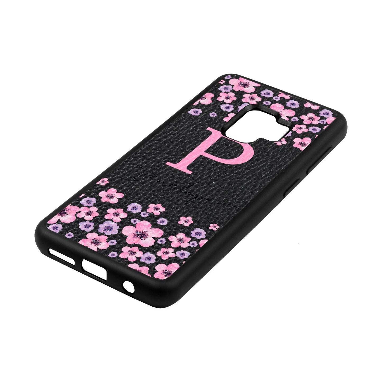 Personalised Pink Floral Black Pebble Leather Samsung S9 Case Side Angle