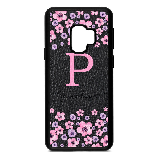 Personalised Pink Floral Black Pebble Leather Samsung S9 Case