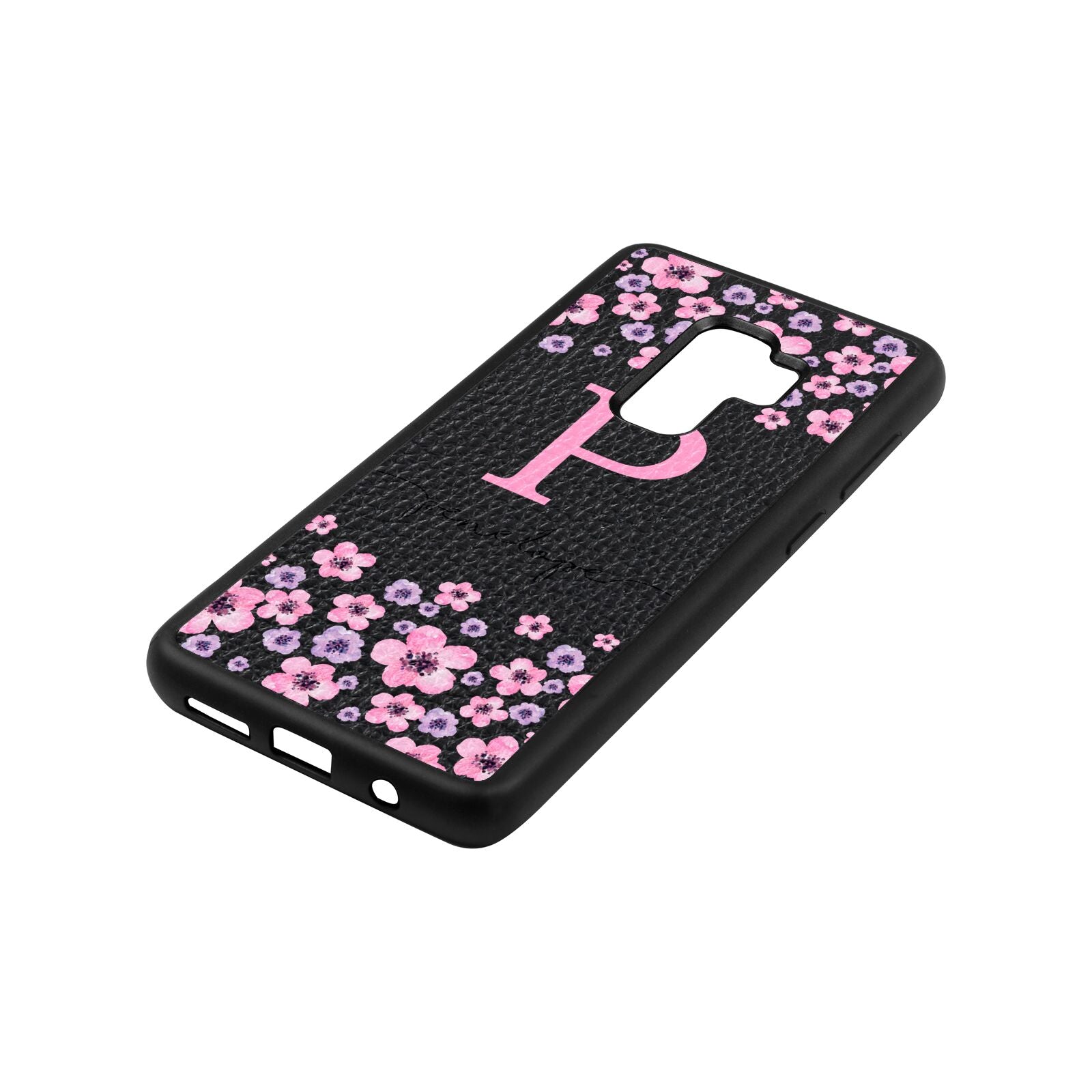 Personalised Pink Floral Black Pebble Leather Samsung S9 Plus Case Side Angle