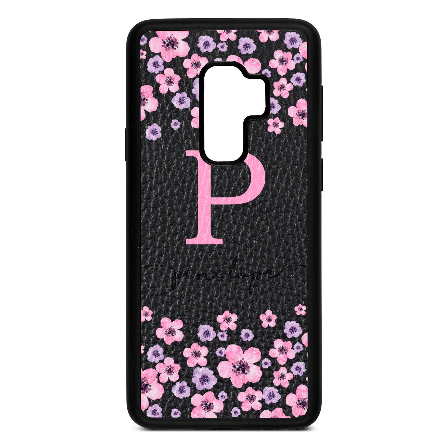 Personalised Pink Floral Black Pebble Leather Samsung S9 Plus Case