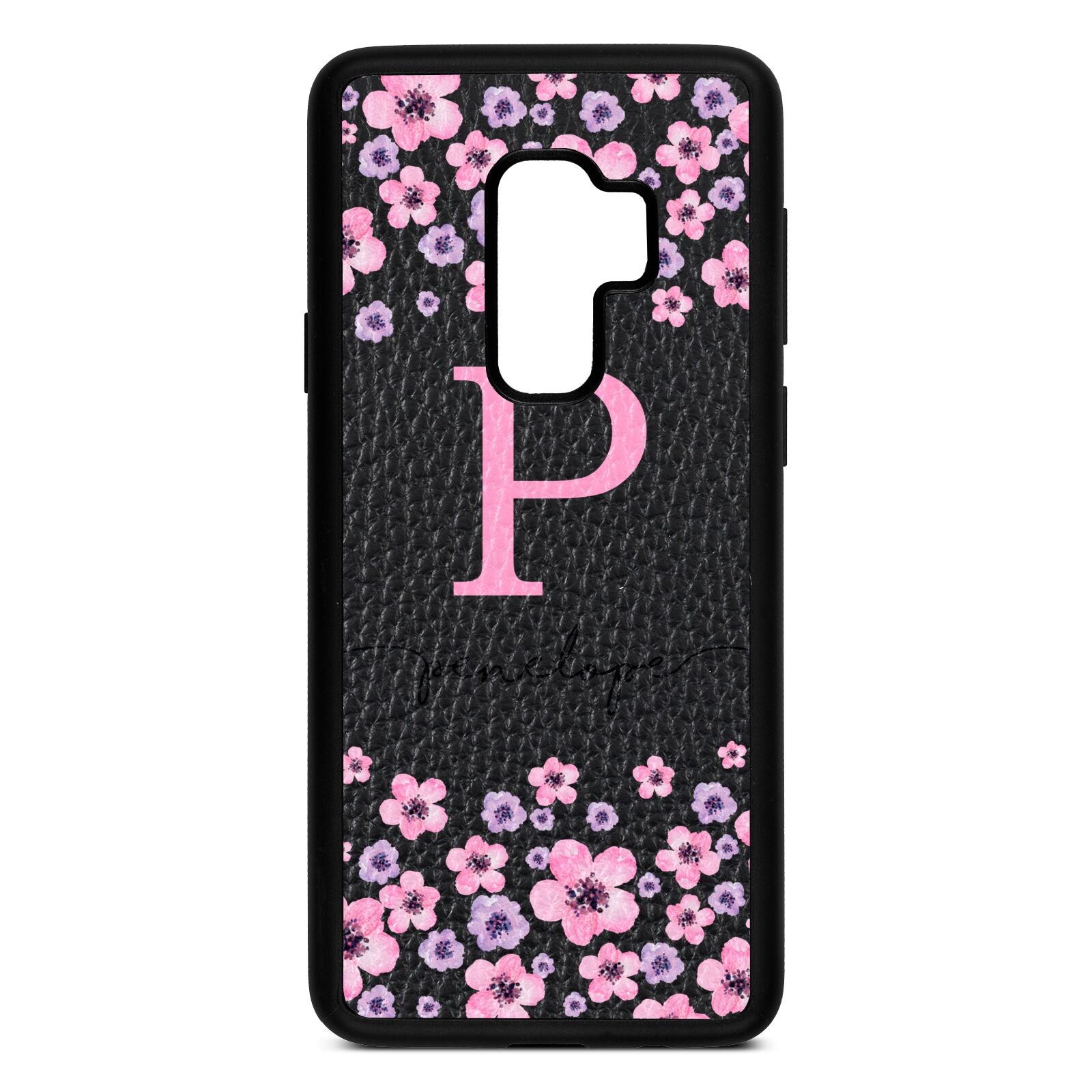 Personalised Pink Floral Black Pebble Leather Samsung S9 Plus Case