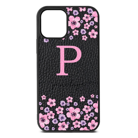 Personalised Pink Floral Black Pebble Leather iPhone 12 Case