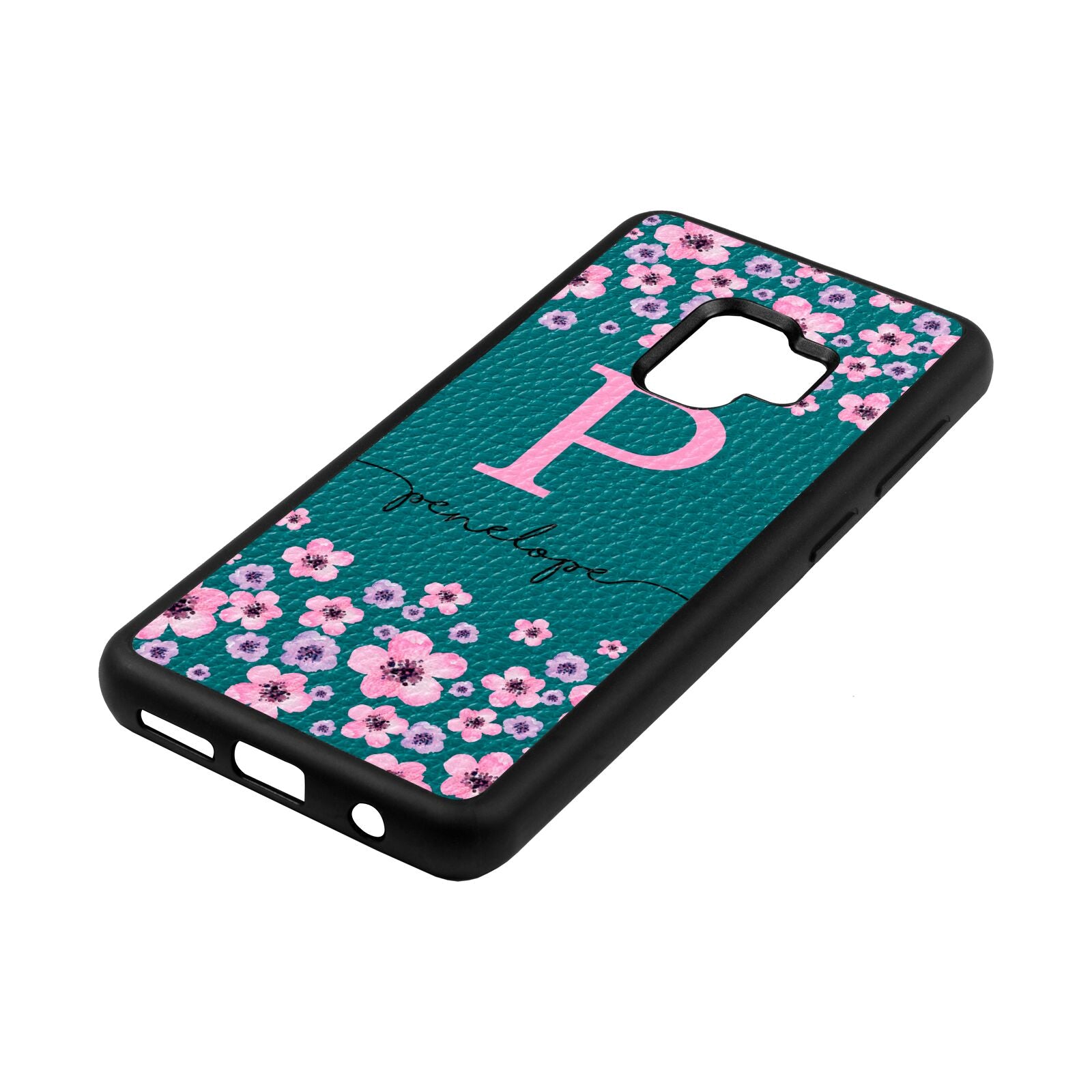 Personalised Pink Floral Green Pebble Leather Samsung S9 Case Side Angle