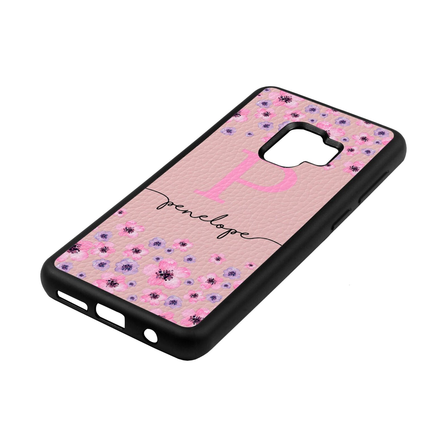 Personalised Pink Floral Pink Pebble Leather Samsung S9 Case Side Angle