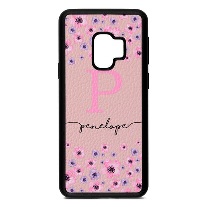 Personalised Pink Floral Pink Pebble Leather Samsung S9 Case