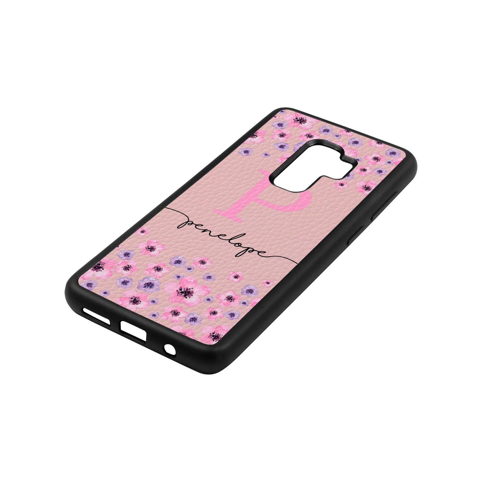 Personalised Pink Floral Pink Pebble Leather Samsung S9 Plus Case Side Angle