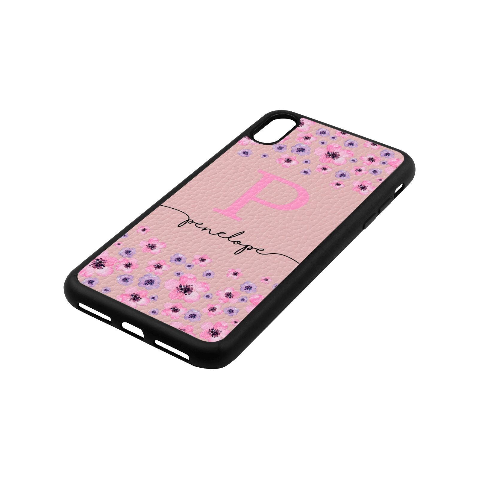 Personalised Pink Floral Pebble Leather Pink iPhone Case