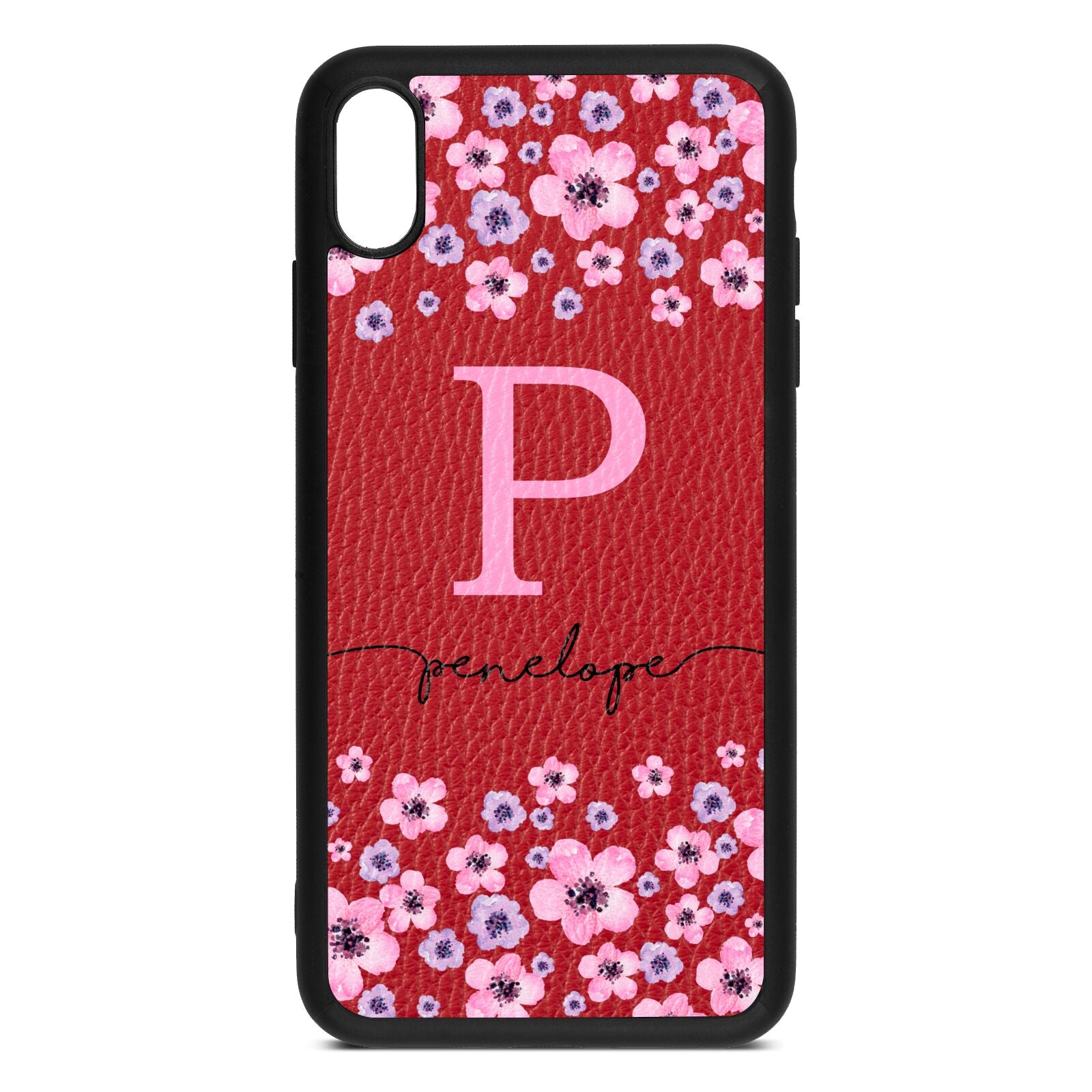 Personalised Pink Floral Pebble Leather Red iPhone Case