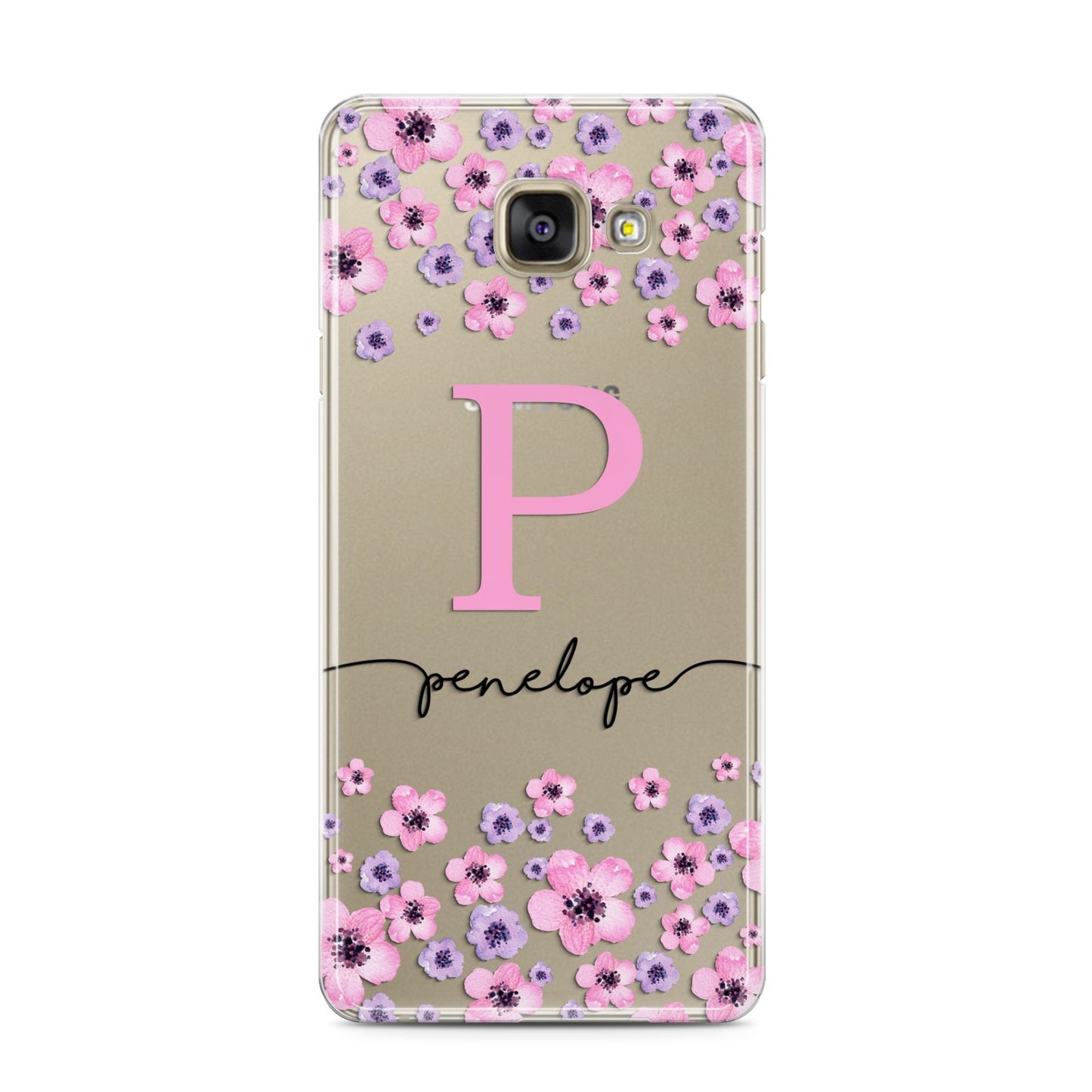 Personalised Pink Floral Samsung Galaxy A3 2016 Case on gold phone